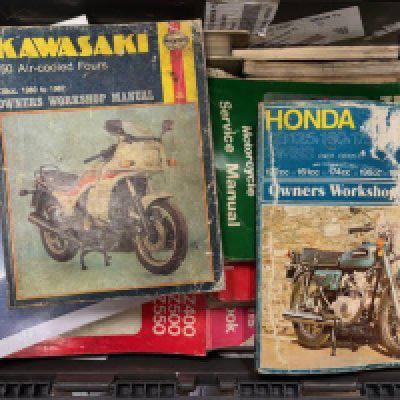 Boxes of Motorcycle Haynes and Factory Manuals