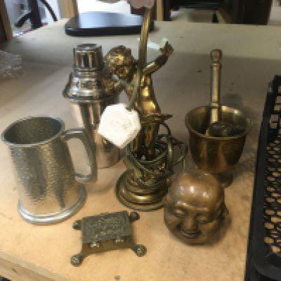 A brass cherub lamp and a Collection of metal ware various,