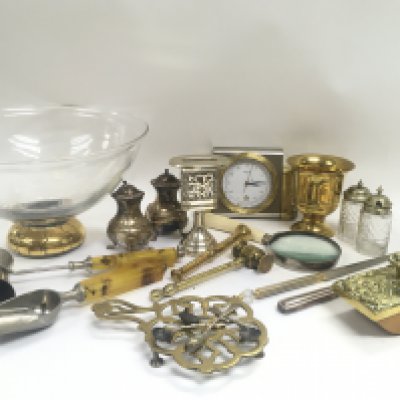 A collection of assorted items including a silver handled pen knife, silver Jewish ornament, Swiza S.A clock, silver plated salt and pepper shakers etc