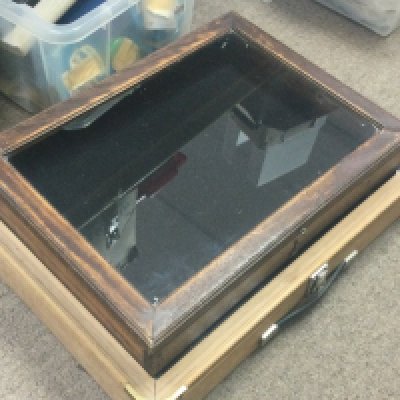 Two glass and wooden display cases, this lot cannot be posted. Dimensions 38x52x9cm and 60x46x8cm