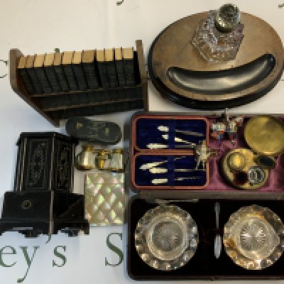 A pair of antique opera glasses, Manicure set, Cigar Box, inkwell, cased butter dishes etc. (D)