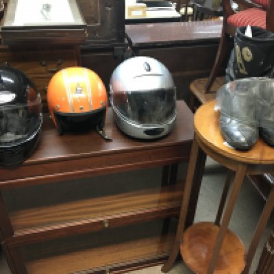 Three motorcycles helmets and a pair of riding boots. Postage C