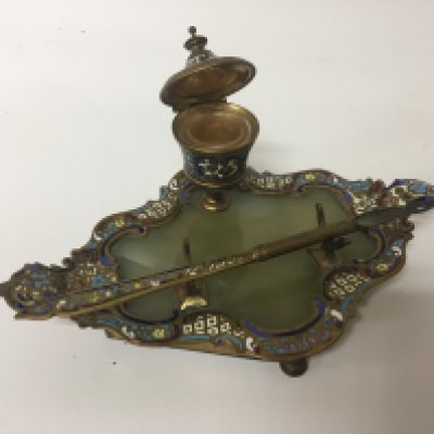 A Quality late Victorian enamel gilded metal and onyx pen tray with pen. 21cm