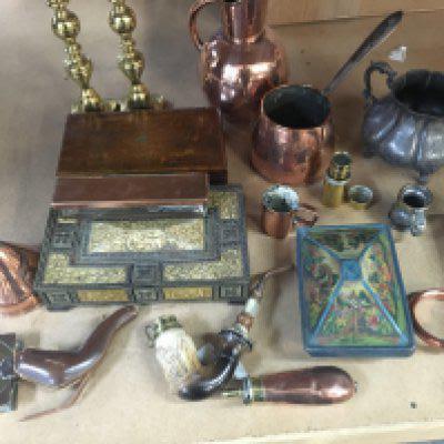 A Collection of copper tin boxes and pipes together with powder flask and brass snuff box .