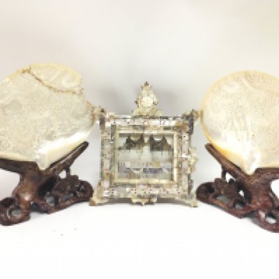 A collection of Chinese mother of pearl items including a mother of pearl last supper frame , dishes decorated with foliage and Phoenix with stands. Restoration. This lot cannot be posted