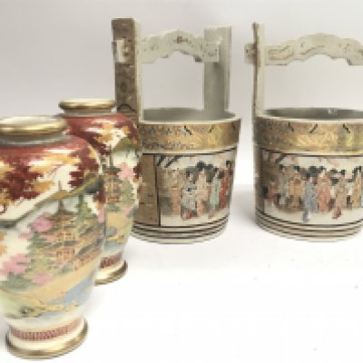 Japanese porcelain satsuma buckets and vases decorated with scenes of figures and landscapes . 12 and 18cm tall. This lot cannot be posted