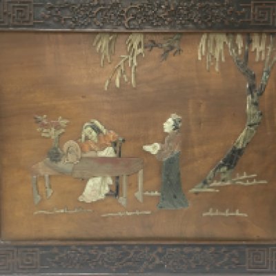 A carved Chinese soapstone wooden panel 65x51cm. This lot cannot be posted