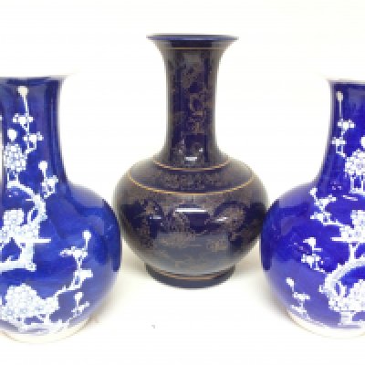 3 Blue And White Vases. 1 approx height 32cm and the other 2. 29cm (3).
