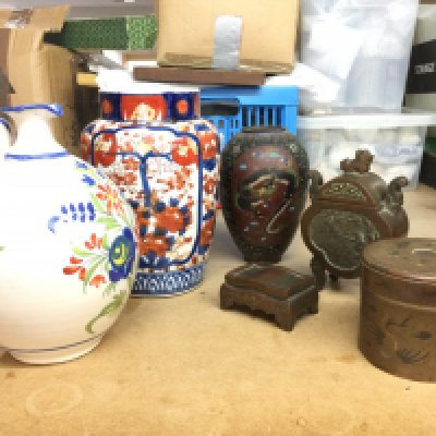 Oriental items including bronze vases, cloisonne dragon vase, Imari vase etc this lot cannot be posted