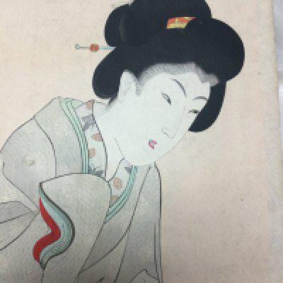 Two unframed woodblock prints depicting geisha and framed geisha.