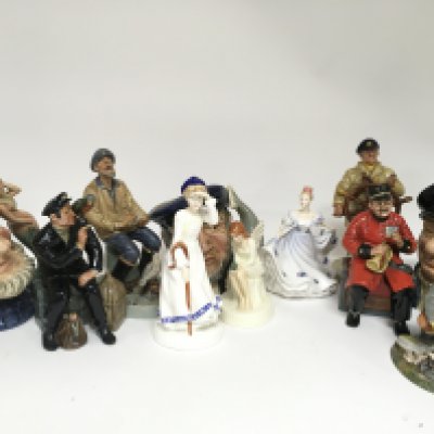 A Collection of Royal Doulton porcelain figures including Past Glory, Shore Leave and character jugs including Lobster Man, Old Salt etc. this lot cannot be posted