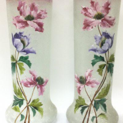 A pair of quality early 20th century acid etched and enamelled decorated glass floral vases approximately 33cm tall. This lot cannot be posted