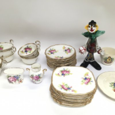 A Royal Standard fine China part tea set along with some coronation ware and an Italian glass clown.