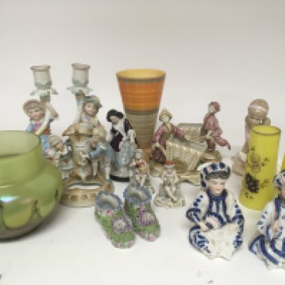 A collection of late 19th and early 20th century ceramics and glass including two Victorian nodding head seated figures art glass and a Shelley vase.