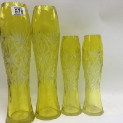 Two pairs of yellow, cut glass bohemian vases . 36 cm 26 cm