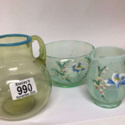 A late Victorian enamel decorated glass bowl and jug and one other jug. (3)