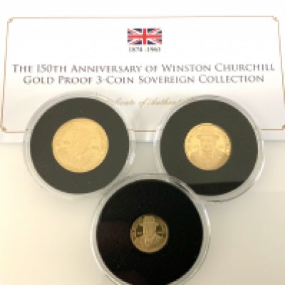 150th Anniversary of Winston Churchill gold proof 3 coin sovereign set. (A)