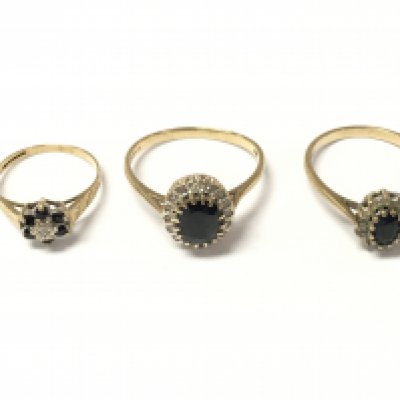 Three 9ct gold sapphire and diamond cluster rings. 6.7g Postage A