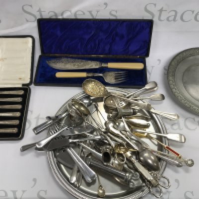 A collection of silver plate and other items including cutlery cased sets etc Postage B