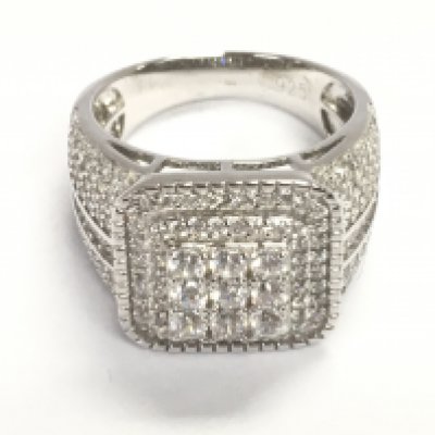 Square checkerboard style silver gents ring set with round and baguette CZs. Size M