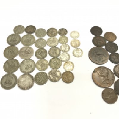 A collection of assorted coinage including pre 1946 90g and a 1897 one shilling. Postage B