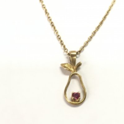 9ct gold necklace with 9ct gold pear pendant set with small red stone. 2.12g