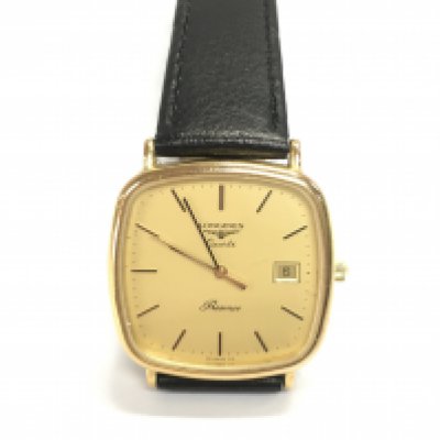 A Longines Gent's quartz watch on black leather strap. Seen running. Postage B