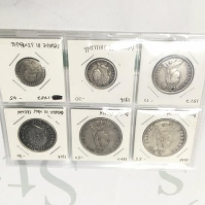 6 British Coins. 2 Queen Victoria Double Florin (1887.1888). George III Sixpence. 1819 George III Halfcrown. 1887 Queen Victoria Florin. 1816 George III Shilling.