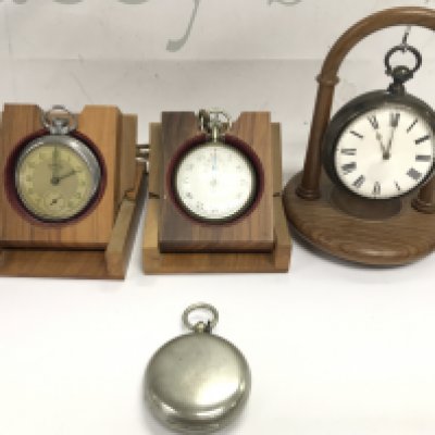 A collection of pocket watches including a silver example. Also contains a L Kama 1915 military issue compass. Postage B