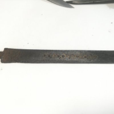 An interesting rediscovered antique knife blade with traces of gilding and decoration and a quantity of horn handled Vintage hunting knifes.