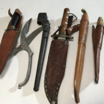 Two hunting knifes Sabre made in Finland a Bowie hunting knife maker J Nowill & Son Sheffield and other knifes and steel shears. (6)