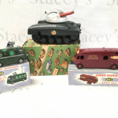 A Boxed Dinky B.B.C. TV Roving Eye Vehicle {Antenna Missing) #968. A Horse Box And A Tri-Ang Clockwork Tank (Key Missing)