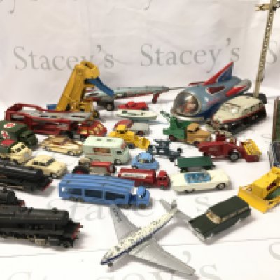 A Collection of Playworn Diecast And Tinplate. Includes Corgi. Dinky Also 3 00 Gauge Locos.