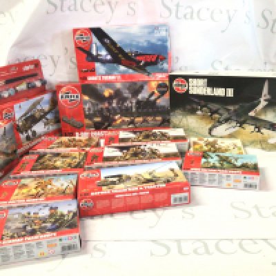 A collection in excess of 12 boxed Airfix kits with military theme. Includes model aircraft ..soldiers both British and German.. plus artillery gun. No reserve