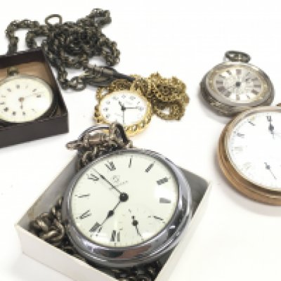 A Collection of pocket watches including some silver cased examples, a Services watch with a silver hallmarked chain. This lot cannot be posted