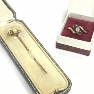 A gold ring (size N) and a 9ct gold tie pearl pin. Postage category A