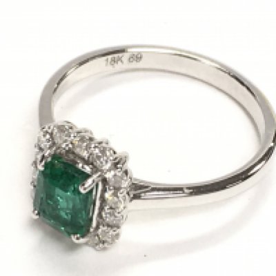 Certificated 18ct white gold octagonal mixed cut emerald and RBC diamond cluster ring. Emerald 0.85ct. Diamonds 0.28ct. Cert no. WG19634154136. Postage category A. Ring size Approx N.
