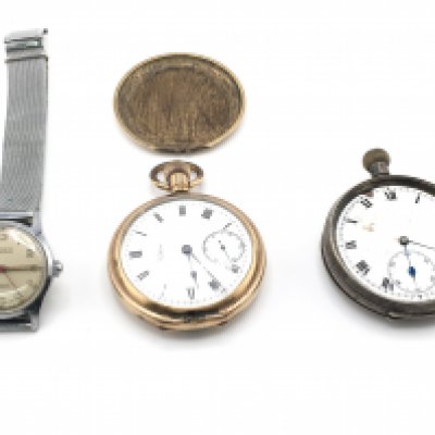 A vintage Elrex wristwatch seen running and two pocket watches one of which is silver cased not running. Postage B
