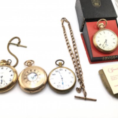 A collection of four pocket watches and a rolled gold chain. Postage B