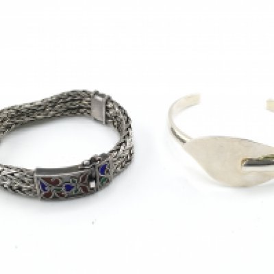 Two silver bracelets including a fancy foxtail enamelled one.