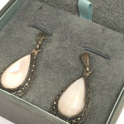 Silver mother of pearl and marcasite drop earrings