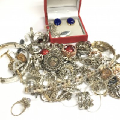 A collection of silver jewellery including necklaces, rings, earrings. Postage category A