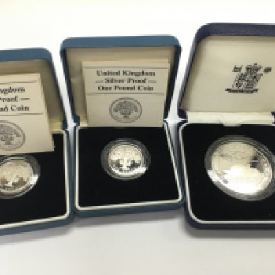 Two silver proof &pound;1 coins and one other silver coin. Postage A