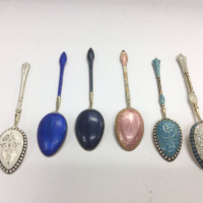 Six enamelled silver spoons including Scandinavian examples. Shipping category A.