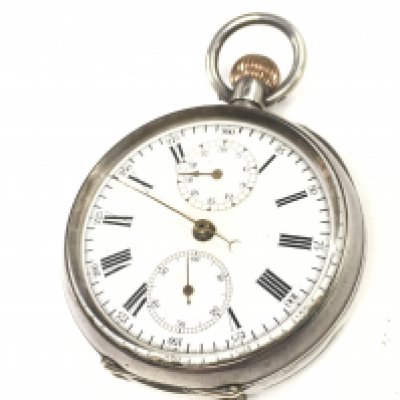 A silver cased pocket stop watch , seen working