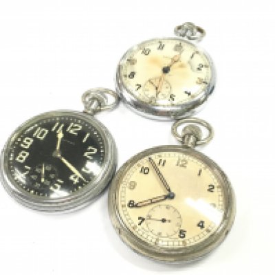 Two military issue pocket watches and a Waltham black dial pocket watch. All seen working. This lot cannot be posted