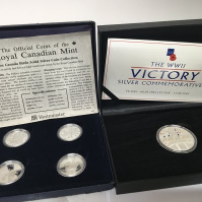 A cased set of Silver 925/1000 Royal Canadian mint coins a Silver VE Day commemorative coin a Bronze and metal medal commemorating PA474 limited edition of 226/250 made from PA474 Lancaster salvage (3). NO RESERVE