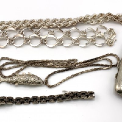 Mixed sterling silver jewellery, 3 Sterling necklaces, Hallmarked articulated fish pendant, Silver and marcasite bracelet, Cigarette case, Ball photo pendant. 272g. (A)