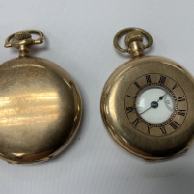 A Vintage Gold plated Half Hunter Waltham pocket watch together with a full Hunter Elgin Gold plated pocket watch. (A)
