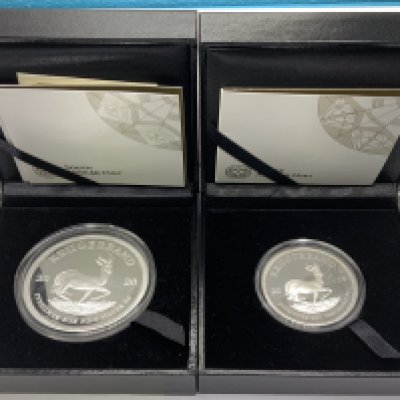 A South African 2020 2 ounce silver Kruggerand together with a 2019 1 ounce fine silver coin. (A)